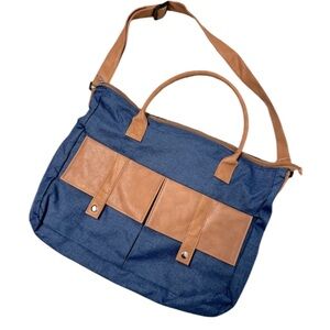 Ultralight traveler denim canvas Zipper bag Faux leather trim crossbody tote